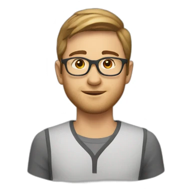 young white man with short brown straight hair and small beard with rounded gold glasses sticker