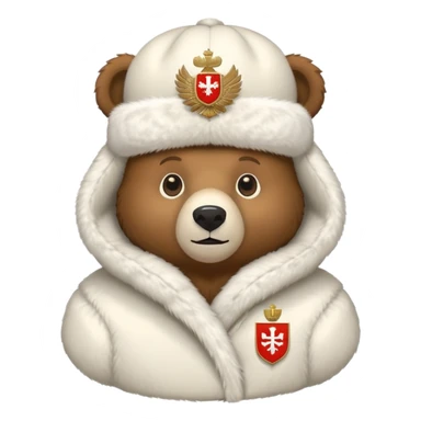 Cute brown bear in white fur ushanka hat with centered Russian coat of arms, front view, iOS emoji style sticker