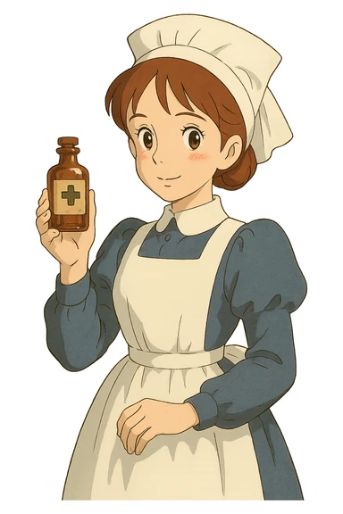 victorian nurse holding a medicine bottle sticker