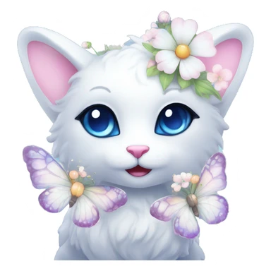 Edgy Cute Cool Kawaii gorgeous sparkly ethereal white fantasy animal with blue eyes sona with flowers and butterflies sticker