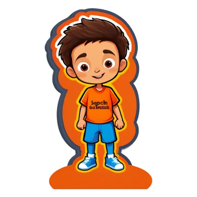 Boy in orange shirt funny with Spanish words sticker