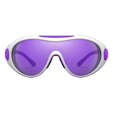 3D render of futuristic sports sunglasses, oval purple tinted lenses, white glossy frame, large gray ventilated nose guard, detailed reflections, realistic materials, high detail, isolated on transparent background, 4K resolution sticker