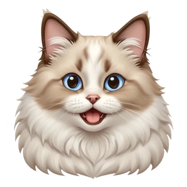 cinematic-adorable-big-eyed-fluffy-brown and white ragdoll-cat-portrait-emoji,-head-tilted-playfully-with-a-cute,-yawn,-soft-brown-and white-colored-fur-with-darker-points-on-the-ears,-simplified-yet-irresistibly-cute-features, sparkling blue eyes sticker