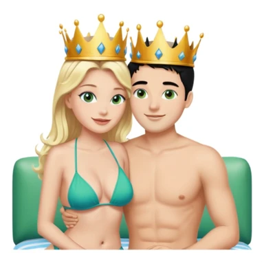 Blonde Queen with crown Green eyes in Bikini kissing Male subject without crown black hair blue eyes Background living room  sticker