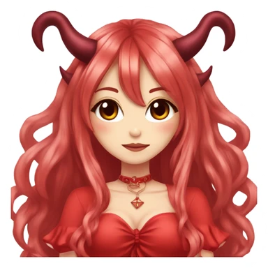 hime gyaru girl, devil horns, red long hair, red dress sticker