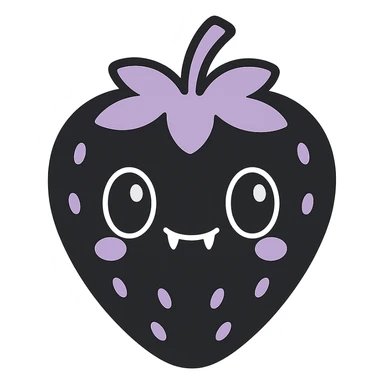 kawaii style gothic strawberry, happy face, black and purple colors, sparkling eyes, tiny fangs, adorable and spooky sticker