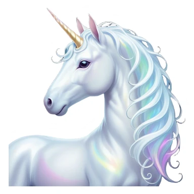 Cinematic Noble White Unicorn Portrait Emoji, Poised and regal, with a slender, ethereal form draped in a pristine white color, a flowing mane and tail, and a glistening, spiraled horn that radiates pure light, Simplified yet sharp and sophisticated features, highly detailed, glowing with a soft, iridescent luminescence, high shine, intelligent and transcendent, stylized with an air of mythical enchantment, focused and serene, soft glowing outline, capturing the essence of a watchful and confident white unicorn that appears ready to prance out of the screen with magical grace! sticker