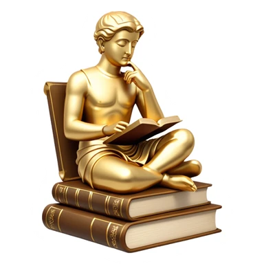 An icon featuring a Thinker statue, a scroll, symbolizing philosophy. The design includes books and abstract symbols representing deep thought and wisdom. Transparent background highlights the study of ideas, logic, and existential questions sticker