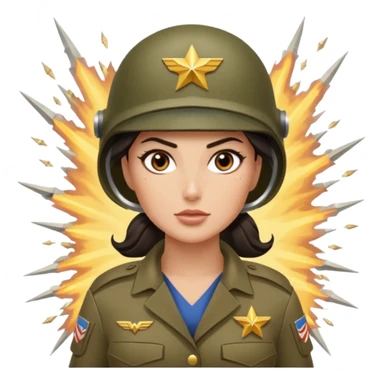 Female full confidence battle ready but pretty ground soldier heroically saving lives accompanied by Wonder Woman technology , with shelling happening all around sticker