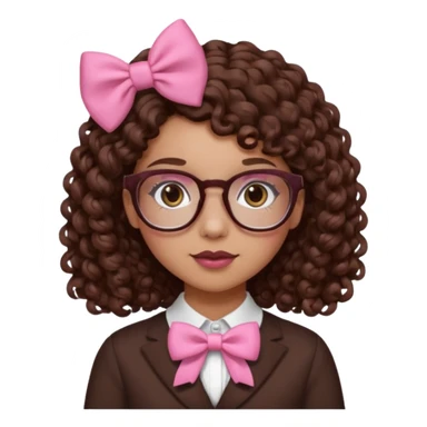 medium-lightskin girl with medium length chocolate brown side part curly hair, pink and white bow on the side, with brown glasses, brown eyes, noes piercing sticker