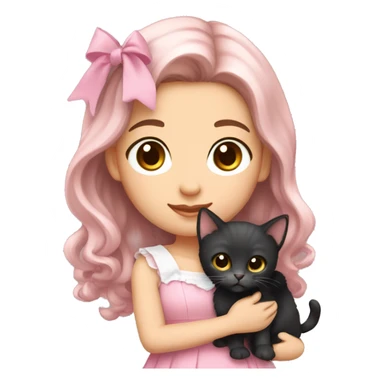 olive-toned brunette with long wavy dark brown hair and brown eyes, wearing a light pink hair bow. She is holding a black kitten that also has a matching pink bow sticker