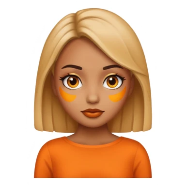 A girl tan skin face emoji with skin head styled, dramatic makeup and an orange dress. sticker