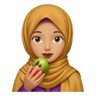 a woman wearing a pashmina hijab is eating sticker
