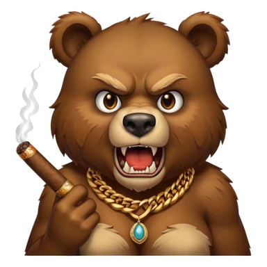 an angry wild bear with sharp teeth, a cigar in her mouth and a necklace around her neck sticker