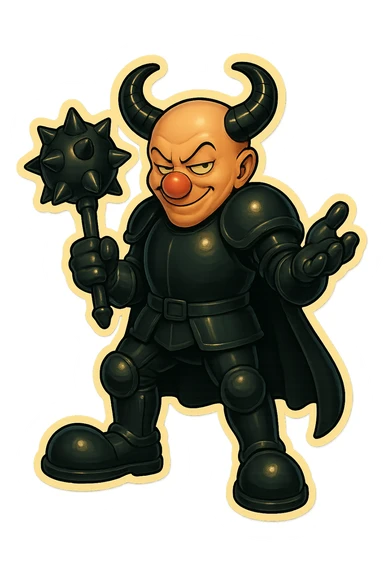 A relaxed but evil armored clown with no hair, ram horns pointing up, masculine and powerful build, glossy black on matte black armor, short cape, large black clown shoes, leaning on his oversized spiked mace with one hand, the other hand gesturing as if taunting, eyes barely open, sinister expression, vibrant retro stickers style, no yellow aged tint, full body, transparent background. sticker