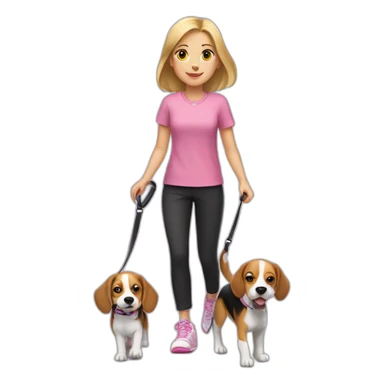 A blonde girl, in a pink blouse and black trousers, in sneakers, leads a beagle dog on a leash sticker