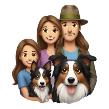 family group consisting of man in hat and woman with long hair in ponytail and small border collie dog sticker