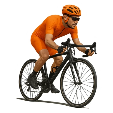 Add a helmet to the cyclist wearing an orange outfit. Keep the background transparent. sticker