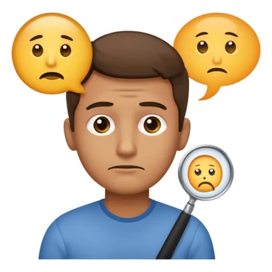 Realistic emoji-style man in simple everyday clothes, looking thoughtful and analytical. A thought bubble above his head shows a critical-thinking icon (question mark + magnifying glass). Soft lighting, expressive critical facial expression. sticker