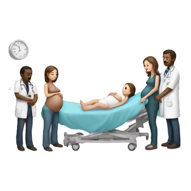 a pregnant woman gives birth and doctors stand nearby sticker