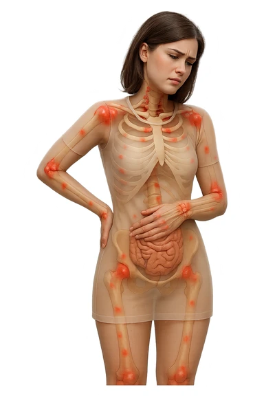 donna realistica a figura intera con red spot sparsi alle ossa, ossa del corpo visibili sul corpo, non sul volto iperrealistico 4k sticker