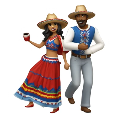 pareja de hombre y mujer bailando danza folcórica chilena llamada cueca. El hombre usa sombrero de huaso y poncho con colores cafés y la mujer usa vestido blanco con detalles rojos y azules sticker