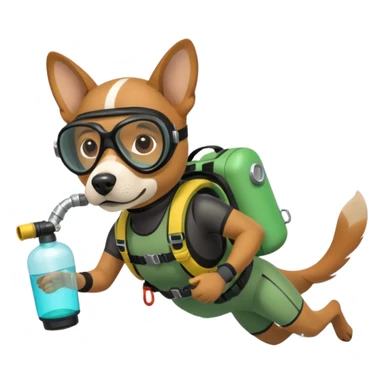 dog wearing scuba green gear dive into the sea with diver mask and oxygen tank sticker