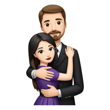 tall white man with brown hair goatee mustache hugging a pale woman with long black hair, wearing formal clothing sticker