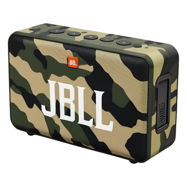Sleek JBL Go 4 with tiger stripe camouflage pattern, minimal aesthetic, portable speaker, simplified silhouette sticker
