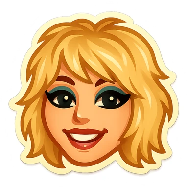 Create a simplified, expressive emoji capturing the hairstyle and makeup from the photo with a friendly expression in retro stickers style. sticker