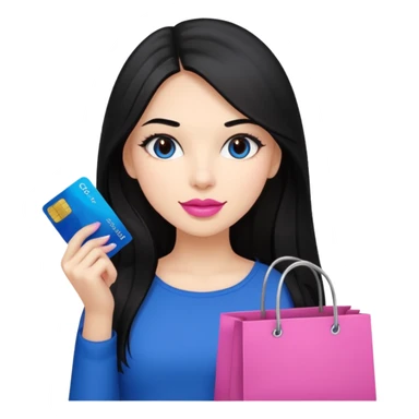 Girl with long black hair, pink lipstick, brown eyes holding shopping bags and blue credit card sticker