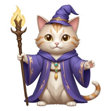 A cat wizard casting a spell with magical staff and flowing robes sticker