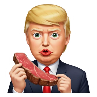 photorealistic Donald Trump eating a steak shaped like an piece of land sticker