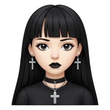 vampira parda com cabelo preto longo e liso e franja, olhos pretos, brincos em formato de cruz, choker em formato de cruz, roupa preta com decote, batom preto e séria sticker