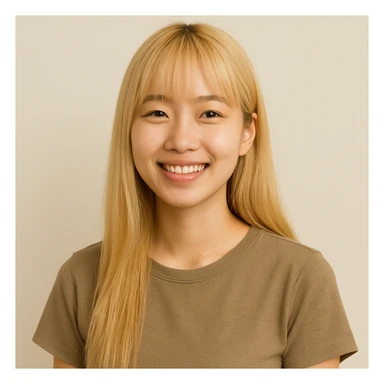 Korean girl with long blond hair and bangs, smiling, minimal background sticker