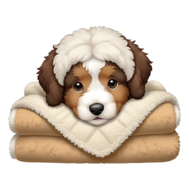 bernedoodle puppy cozy in a sherpa blanket, kawaii disney-style cute sticker