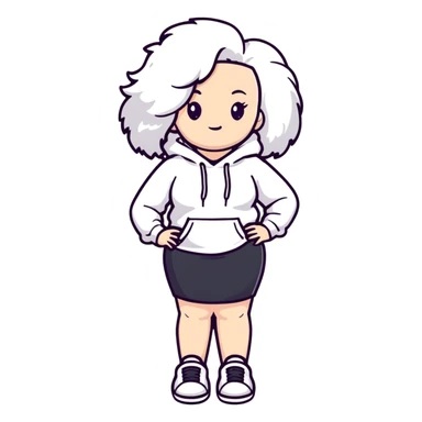 Female with slim hourglass figure, white big hair, wearing white sweatshirt, black skirt, and white shoes, full body pose sticker