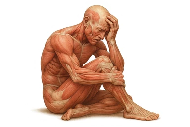 corpo umano anatomico realistico seduto a terra con postura delle spalle chiuse, mani sulla fronte ed espressione disperata in volto, isolato su sfondo bianco sticker