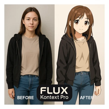 create before after image of a girl before is realsitic photo, after is anime version of her in same pose and clothes, add logo with text of a "FLUX Kontext Pro" sticker