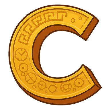 cartoonish letter C, golden and bold, with subtle Greek key patterns and faint clockwork engravings, referencing Chronos, only the letter C, no faces or objects sticker