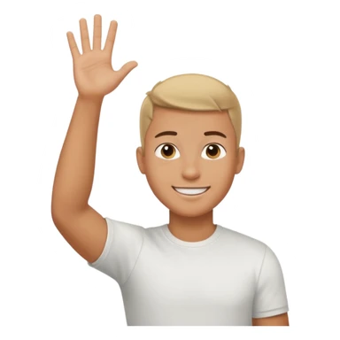 joven bronceado corte de soldado oscuro muy cortito polera blanca sonrisa bonita saludando mano arriba sticker