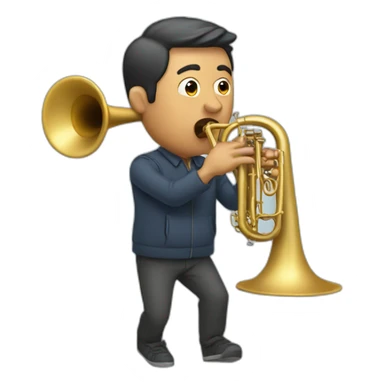 Man blowing a trombone with bump sticker