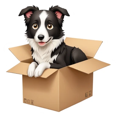 A very cute young Border collie  with one's head tilted to one side poked its paws out of the cardboard big box and placed them on top of it sticker