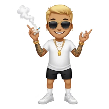 Fox standing, white t shirt, tattoos arms and legs, gold necklace, gold bracelets, big smile with gold teeth, smoking, dark sunglasses, black shorts white drawstring, white socks, sticker
