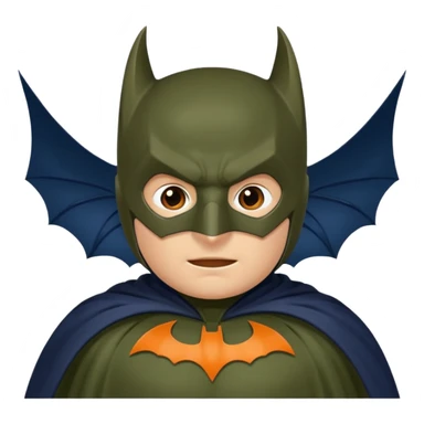 generate a batman emoji with just the face and neck showing and part of the cloak and and wings. Shade the bat logo on the chest in a bright  olive green. Shade the mask in dark navy blue.  Shade the cloak in a solid vibrant orange.  sticker