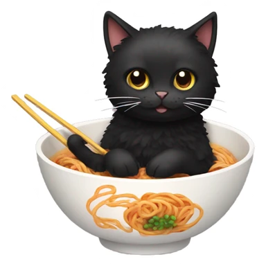 Black fluffy cat eating ramen sticker