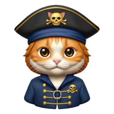 Premium 3D emoji icon of a cute ginger cat pirate, wearing a **deep navy blue** velvet pirate hat with a silver skull icon, and a black and gold captain's jacket. Glossy finish, claymorphism style, soft studio lighting, isolated on white background, 8k resolution, stylized professional look --v 6.0 sticker