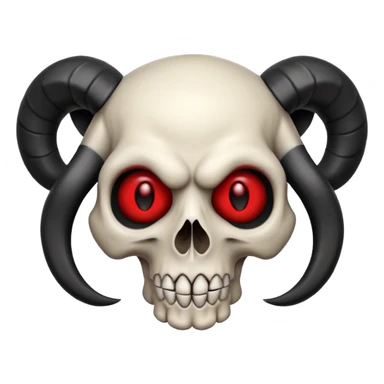 cartoonish skull with curled black ram horns, intense red eyes, wide mischievous grin, bold, memorable sticker