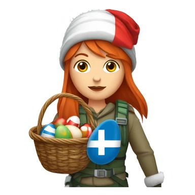 red hair female winter mountaineer with red Easter egg basket and Greek flag sticker