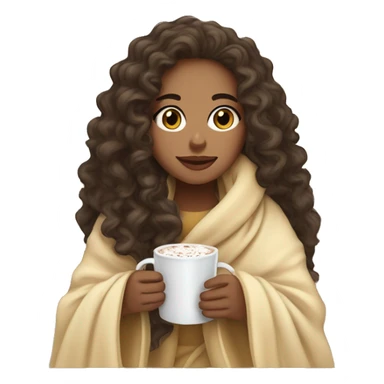 Light skin girl in blanket, drinking hot cocoa with curly hair long curly hair with her eyes closed in the blanket on top of her head sticker